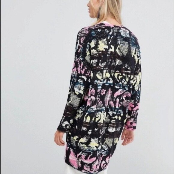 Free People Think Twice Printed Cardigan Black Pink Green Yellow Size M - Picture 13 of 13